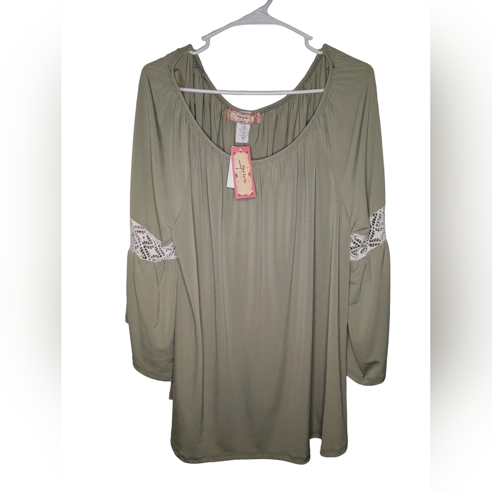 Chic Olive Blouse with Lace Accents